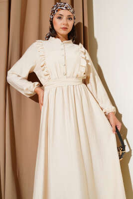 Yaka Fırfır Detaylı Kuşaklı Elbise Bej - Tesettür Elbise