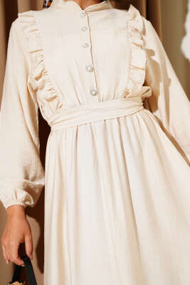 Yaka Fırfır Detaylı Kuşaklı Elbise Bej - Tesettür Elbise