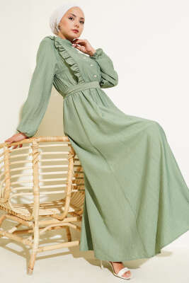 Yaka Fırfır Detaylı Kuşaklı Elbise Çağla Yeşili - NEVA MODA