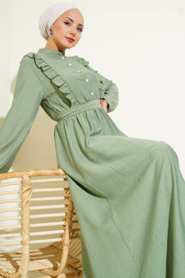 Yaka Fırfır Detaylı Kuşaklı Elbise Çağla Yeşili - Tesettür Elbise