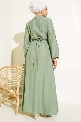 Yaka Fırfır Detaylı Kuşaklı Elbise Çağla Yeşili - Tesettür Elbise