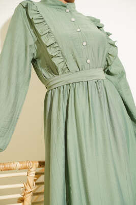 Yaka Fırfır Detaylı Kuşaklı Elbise Çağla Yeşili - Tesettür Elbise