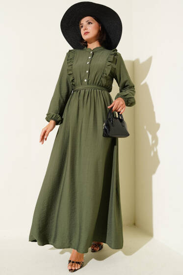 Yaka Fırfır Detaylı Kuşaklı Elbise Haki - Elbise