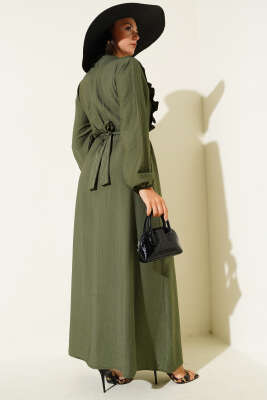 Yaka Fırfır Detaylı Kuşaklı Elbise Haki - Tesettür Elbise