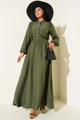 Yaka Fırfır Detaylı Kuşaklı Elbise Haki 