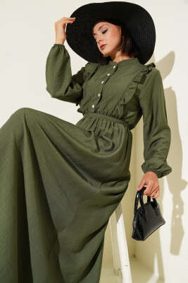 Yaka Fırfır Detaylı Kuşaklı Elbise Haki - Tesettür Elbise