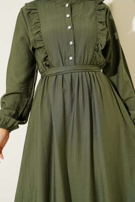 Yaka Fırfır Detaylı Kuşaklı Elbise Haki - Tesettür Elbise