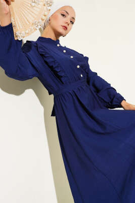 Yaka Fırfır Detaylı Kuşaklı Elbise Lacivert 
