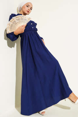 Yaka Fırfır Detaylı Kuşaklı Elbise Lacivert - Tesettür Elbise
