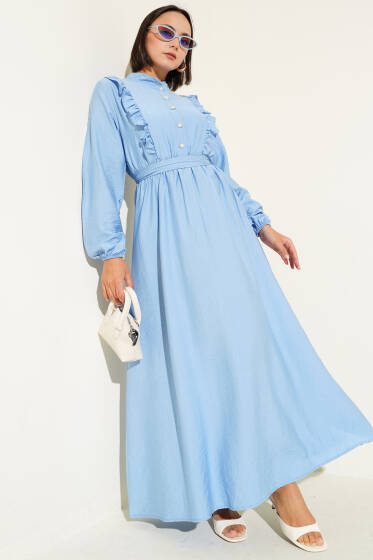 Yaka Fırfır Detaylı Kuşaklı Elbise Mavi - Elbise