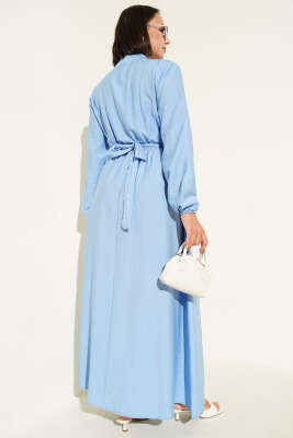 Yaka Fırfır Detaylı Kuşaklı Elbise Mavi - Tesettür Elbise