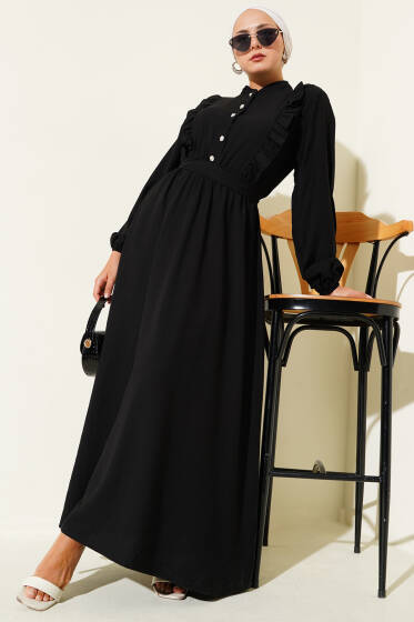 Yaka Fırfır Detaylı Kuşaklı Elbise Siyah - Elbise