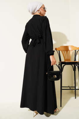 Yaka Fırfır Detaylı Kuşaklı Elbise Siyah - Tesettür Elbise