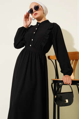Yaka Fırfır Detaylı Kuşaklı Elbise Siyah - Tesettür Elbise