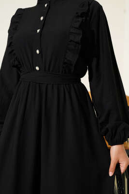 Yaka Fırfır Detaylı Kuşaklı Elbise Siyah - Tesettür Elbise