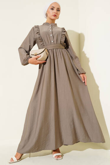 Yaka Fırfır Detaylı Kuşaklı Elbise Vizon - Elbise