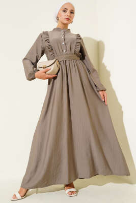 Yaka Fırfır Detaylı Kuşaklı Elbise Vizon 