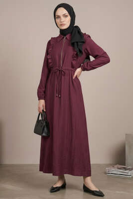 Yaka Fırfırlı Bel Tünelli Elbise Bordo - HBS