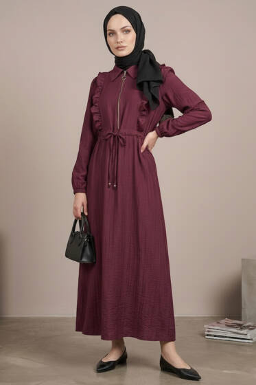 Yaka Fırfırlı Bel Tünelli Elbise Bordo - Elbise