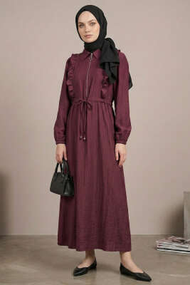 Yaka Fırfırlı Bel Tünelli Elbise Bordo - Elbise