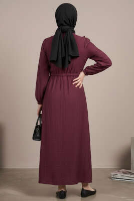 Yaka Fırfırlı Bel Tünelli Elbise Bordo - Elbise