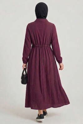 Yaka Fırfırlı Bel Tünelli Elbise Bordo - Elbise