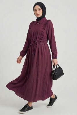 Yaka Fırfırlı Bel Tünelli Elbise Bordo 