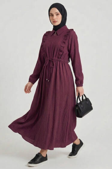 Yaka Fırfırlı Bel Tünelli Elbise Bordo - Elbise
