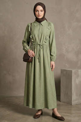 Yaka Fırfırlı Bel Tünelli Elbise Çağla Yeşili - HBS