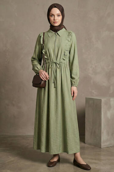 Yaka Fırfırlı Bel Tünelli Elbise Çağla Yeşili - Elbise
