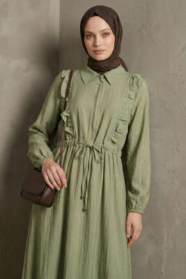 Yaka Fırfırlı Bel Tünelli Elbise Çağla Yeşili - Elbise