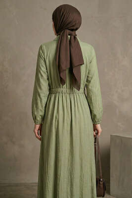 Yaka Fırfırlı Bel Tünelli Elbise Çağla Yeşili - Elbise