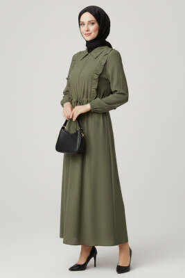 Yaka Fırfırlı Bel Tünelli Elbise Haki - HBS