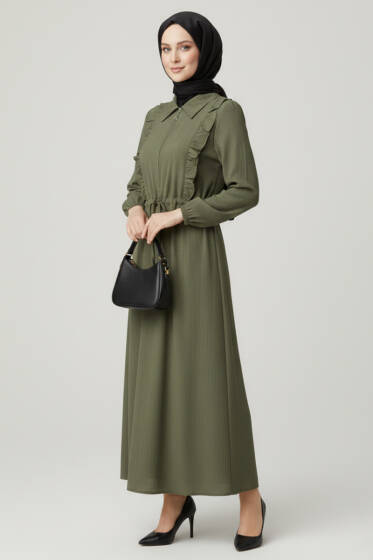 Yaka Fırfırlı Bel Tünelli Elbise Haki - Elbise