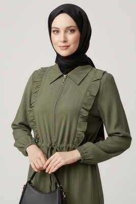 Yaka Fırfırlı Bel Tünelli Elbise Haki - Elbise