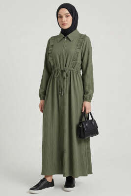 Yaka Fırfırlı Bel Tünelli Elbise Haki 