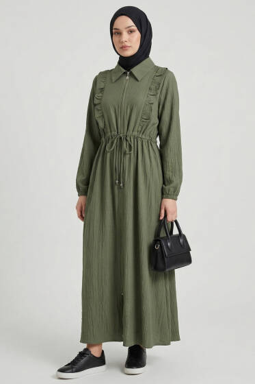Yaka Fırfırlı Bel Tünelli Elbise Haki - Elbise