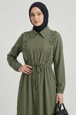 Yaka Fırfırlı Bel Tünelli Elbise Haki - Elbise