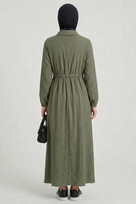 Yaka Fırfırlı Bel Tünelli Elbise Haki - Elbise