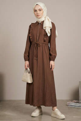 Yaka Fırfırlı Bel Tünelli Elbise Kahve - HBS