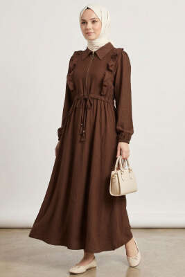 Yaka Fırfırlı Bel Tünelli Elbise Kahve - Elbise