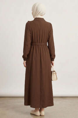Yaka Fırfırlı Bel Tünelli Elbise Kahve - Elbise