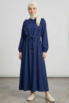 Yaka Fırfırlı Bel Tünelli Elbise Lacivert - HBS