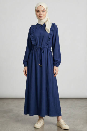 Yaka Fırfırlı Bel Tünelli Elbise Lacivert - Elbise