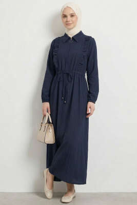 Yaka Fırfırlı Bel Tünelli Elbise Lacivert 