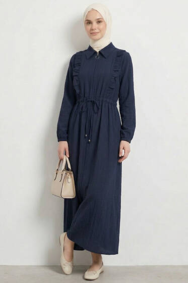 Yaka Fırfırlı Bel Tünelli Elbise Lacivert - Elbise