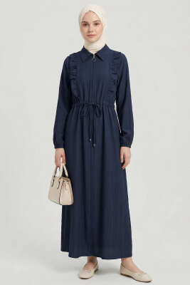 Yaka Fırfırlı Bel Tünelli Elbise Lacivert - Elbise