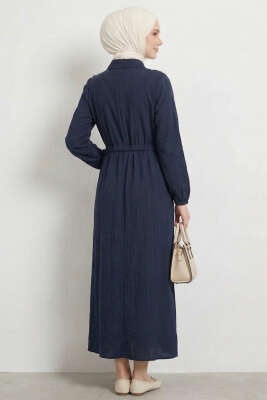 Yaka Fırfırlı Bel Tünelli Elbise Lacivert - Elbise