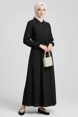 Yaka Fırfırlı Bel Tünelli Elbise Siyah - 500-700 TL Ürünler