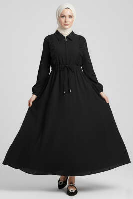 Yaka Fırfırlı Bel Tünelli Elbise Siyah - HBS
